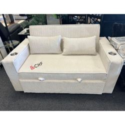 Loveseat Sleeper Sofa With Pull-Out Bed And Cupholders