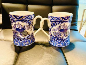 2  Imperial Peacock Blue & Gold Mugs set @1983 collectable Arnart Imports Japan Vintage Collectors collection cups