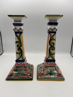 Set of 2 Williams Sonoma Nazari Hand Painted Portugal Candle Holders 10.5"