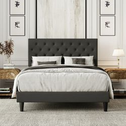 King Size Button Tufted/Fabric Upholstered Bed Frame with Adjustable Headboard/Wood Slat Support $100