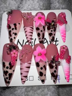 Long stiletto Press-On Nails Pink Leopard w/ Toes