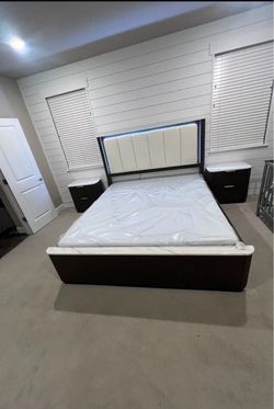 Modern Bed Frame with LED Headboard and Nightstands