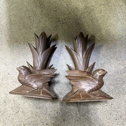 vintage Black Forest wood carved bird plant vases