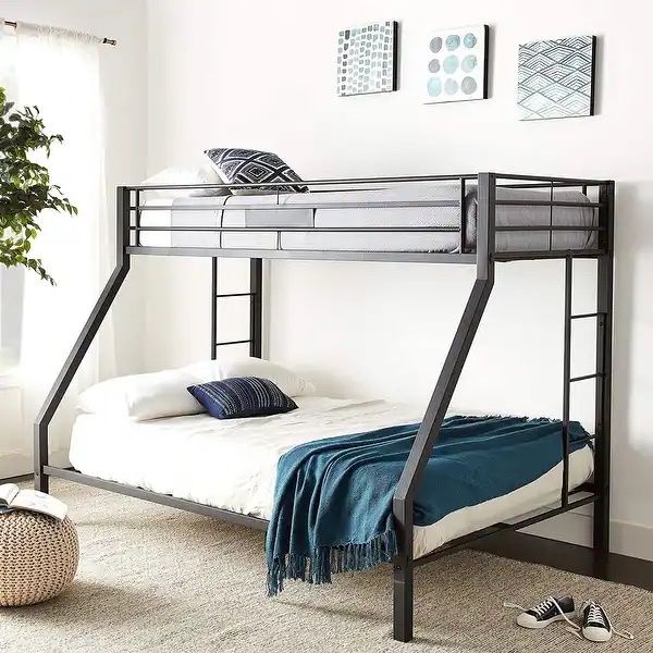 New Black Metal XL Twin Over Queen Bunk Bed With Mattresses