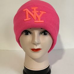 Embroidered NY Men Women Winter Knit Fur lined Beanie Hat - Hot Pink
