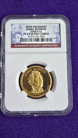 2008-S James Monroe Presidential Dollar coin graded PF 69 Ultra Cameo by Numismatic Guaranty Corporation (NGC). Slabbed and certified