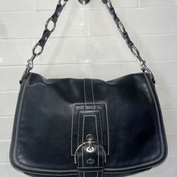 Coach 10582 Style Purse Soho XL Black Leather & Silver Buckle Flap Shoulder Bag