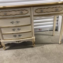 French Provincial Desk or Vanity Cream Gold Trim Ornate Drawers Vintage