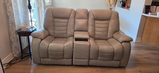 Gray Leather Power Reclining Sofa with Console