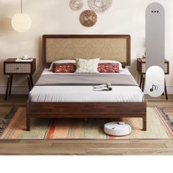 Bme Nipe Full 14 Inch Bohemian Bed Frame with Adjustable Wicker Headboard - Rustic & Vintage Unique Style with Acacia Wood - No Box Spring Needed - Ea