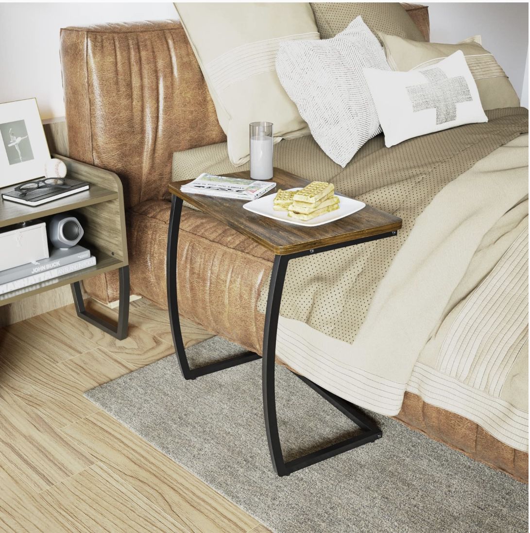 Side Table, End Table, Vintage C-Shaped Couch Table for Sofa Laptop Coffee Snack, Walnut