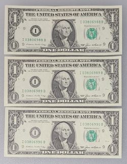 3 CONSECUTIVES 1985 ONE.DOLLAR BILL NOTE, BU.  S.H. INCLUDED IN THE PRICE.
