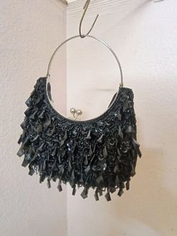 Harve Bernard Vintage Black Beaded Evening Bag With Teal Highlights Cocktail Party Purse