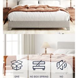 Full Size Bed Frame with Adjustable Headboard, Upholstered Platform Bed with Wood Slats, Heavy Duty Mattress Foundation, No Box Spring Needed