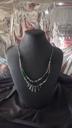 Vintage Sterling Silver & Green Aventurine/Jade Double Strand Necklace