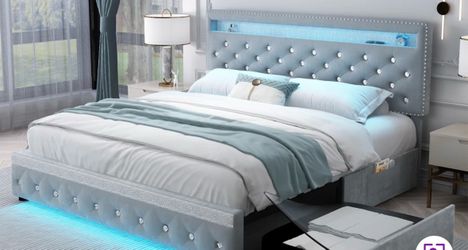 Full Bed Frame with Adjustable Headboard & LED Lighting at