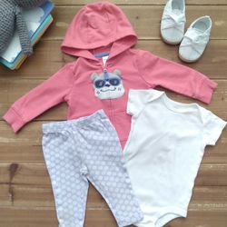 6MOS 3-PIECE OUTFIT DARK CORAL SUNGLASS PUPPY FRONT-ZIP HOODIE, WHITE BODYSUIT & LIGHT CORNFLOWER BLUE PRINTED LEGGINGS 