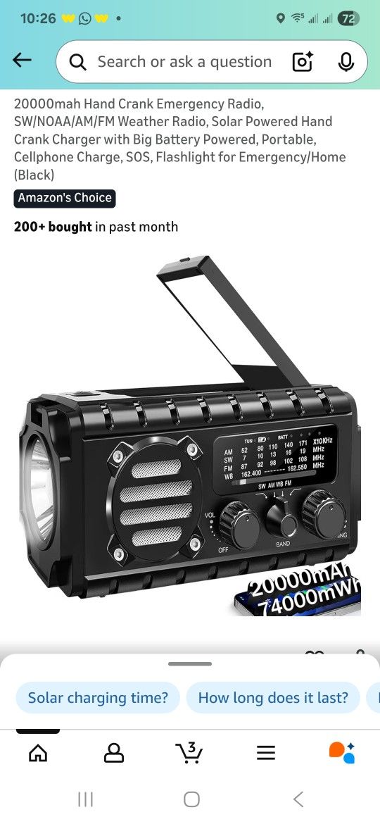 20000mah Hand Crank Emergency Radio, SW/NOAA/AM/FM Weather Radio, Solar Powered Hand Crank Charger with Big Battery Powered, Portable, Cellphone