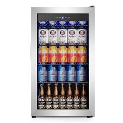 17.52 inch Beverage Refrigerator Cooler,130 Cans Capacity Mini Fridge with Glass Door for Soda Wine Beer, with Adjustable Removable Shelves, Silver