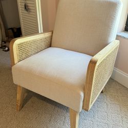Chloé Rattan Cane Accent Arm Chair with Wood Base Upholstered | Karat Home -