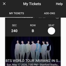 2 x BTS tickets at Stanford Stadium 05/17/26 