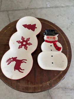 Set of 2 Christmas Ceramic Serving Dishes – Snowman & Holiday Design
