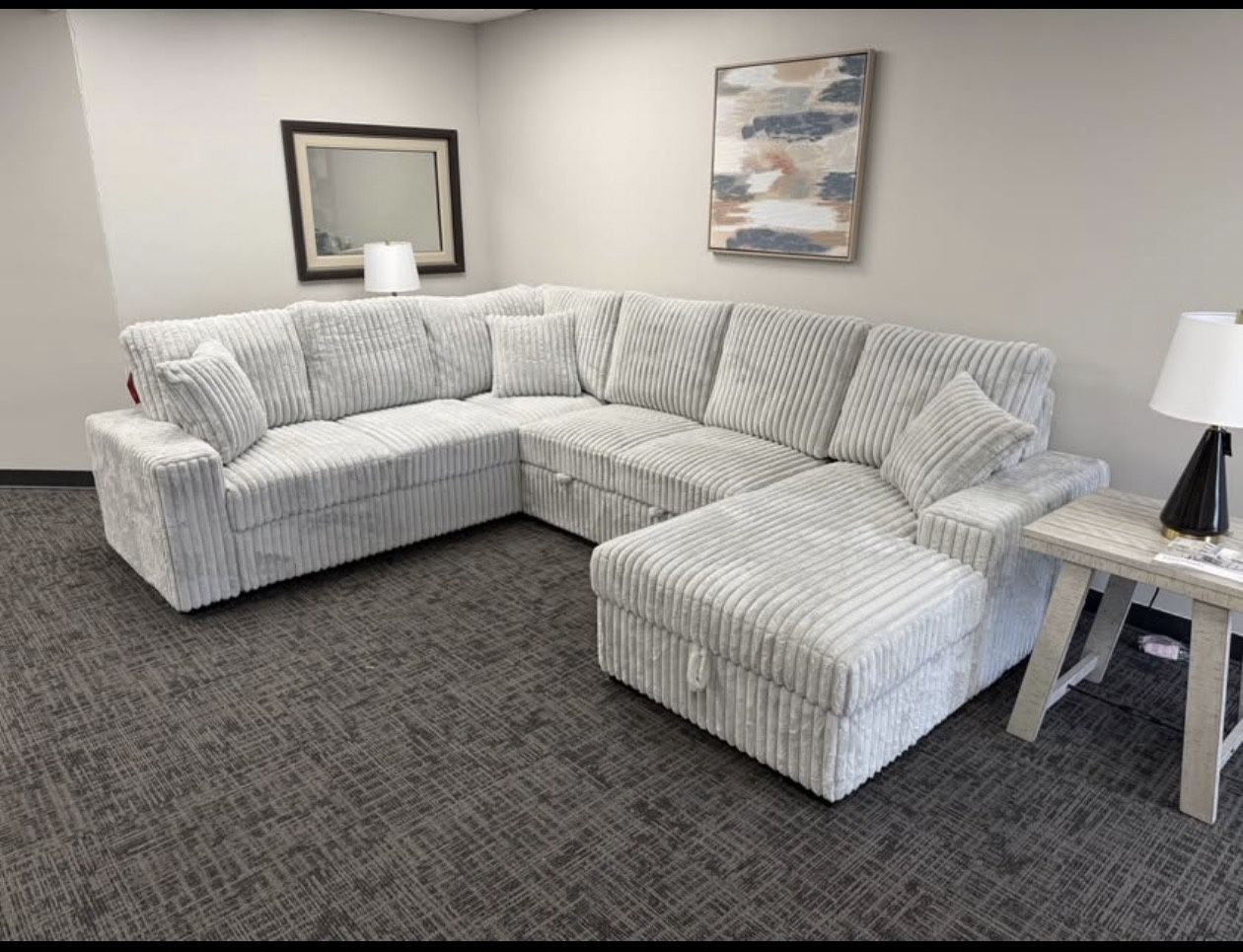 U Shaped Corduroy Sleeper Sectional - Seccional Corduroy En Gris