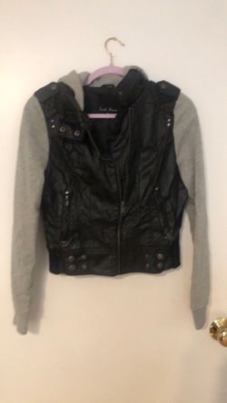 Faux Leather Moto Jacket with Hoodie Sleeves