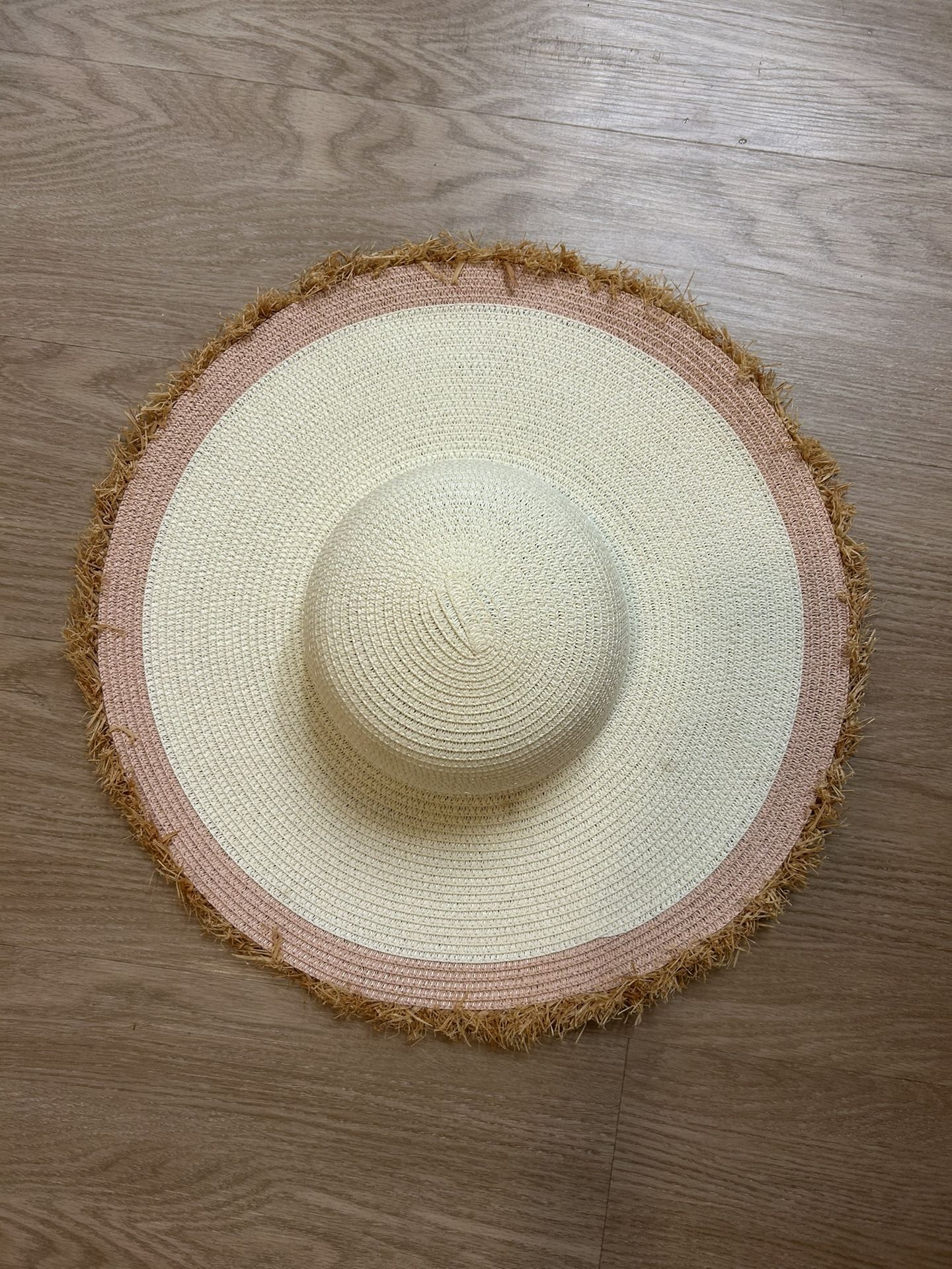 👒 Wide-Brim Straw Sunhat – Off White, Soft Pink & Natural Fringe | One Size