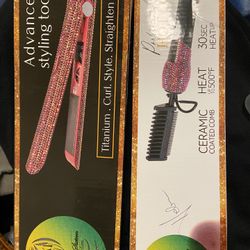 Pink Bling Flat Iron And Hot Comb Set