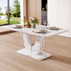 63" White (Faux) Marble Scratch and Heat Resistant Dining Table w/ Modern U-Shaped Frame [NEW] **Retails for $600 <TABLE ONLY> *Asssembly Req*