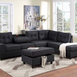 Heights Black Reversible Sectional with Storage Ottoman 
