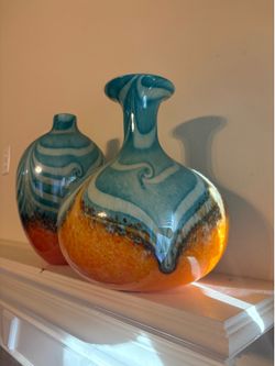 Set of 2 Hand-Blown Art Glass Vases – Modern Swirl Design, Teal & Amber