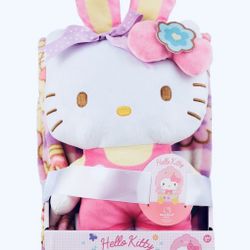 Adorable! HELLO KITTY®️ 💕🌸🐣🎀FLOWER GINGHAM 🎀🐣🌸💕 Throw & Hello Kitty plush pillow  