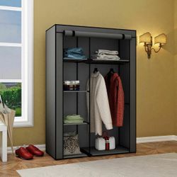 64" Portable Closet Storage Organizer Wardrobe Clothes Rack with Shelves grey 