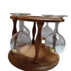 Wood Bottle Holder & Glass 