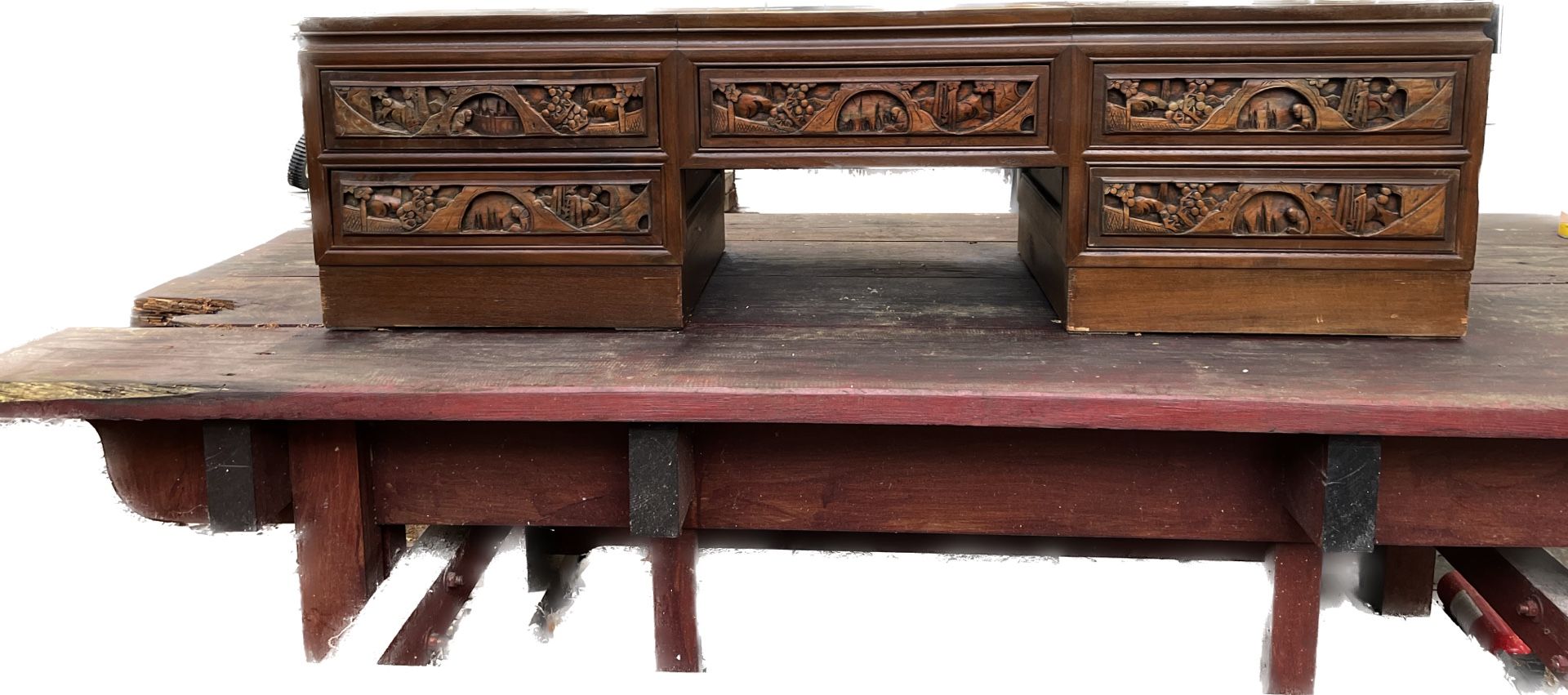 Antique Hard Carved Asian Coffee/tea Table With Drawers
