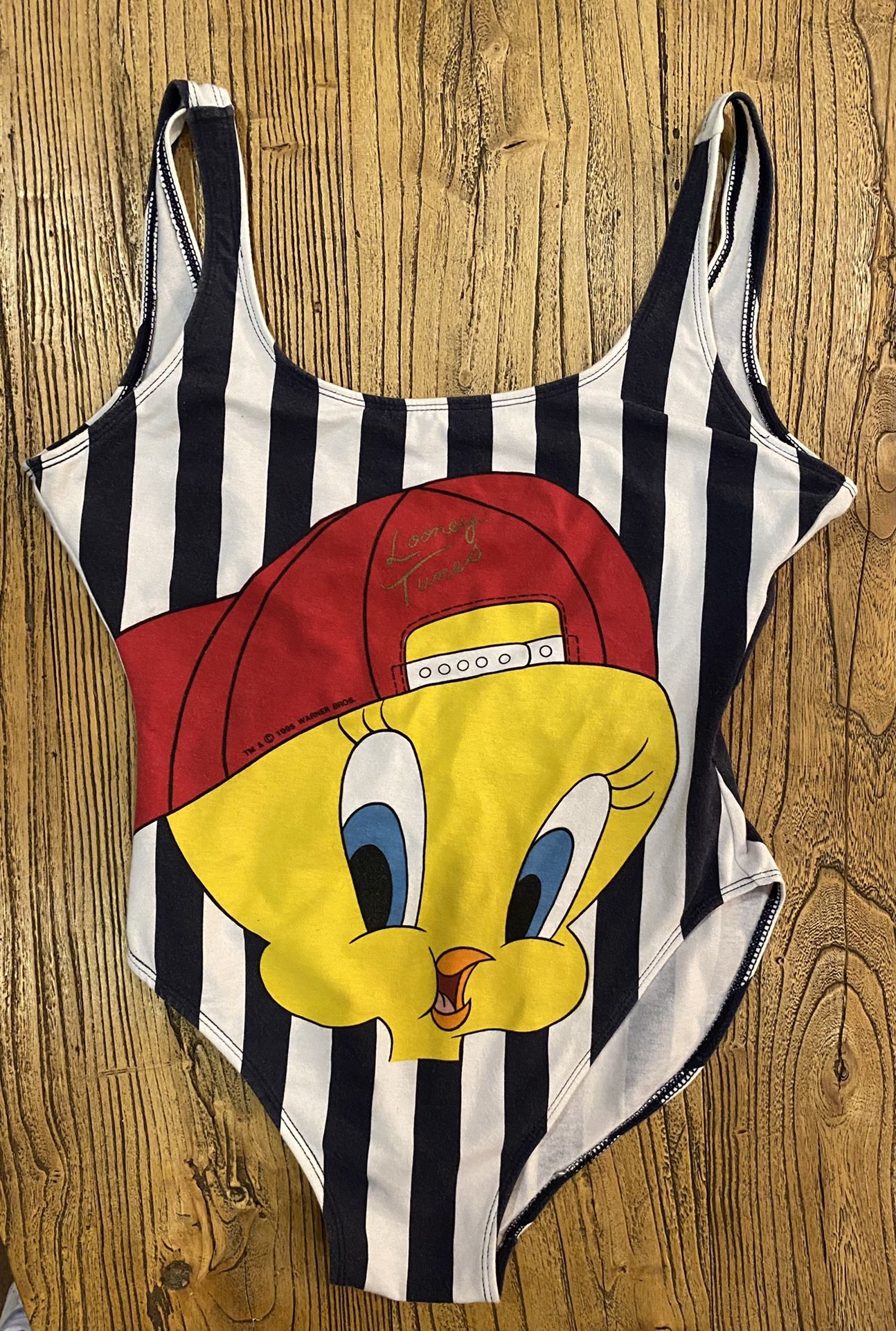 Vintage 1995 Looney Tunes Tweety Bird Striped One Piece Swimsuit Bodysuit