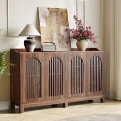 JW0983 New assembled 57-Inch Sideboard Cabinet with Adjustable Shelf, Vintage Brown Wooden Buffet with Fence Doors, 2-Tier Large Accent Table for Livi