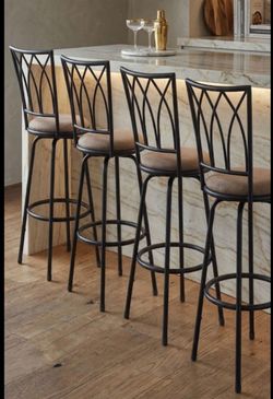 Set of 4 Black Finish Scroll Back Adjustable Metal Swivel Counter Height Bar Stools with Padded Seat Cushions