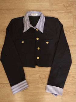 Black Cropped Jacket with Striped Collar & Cuffs