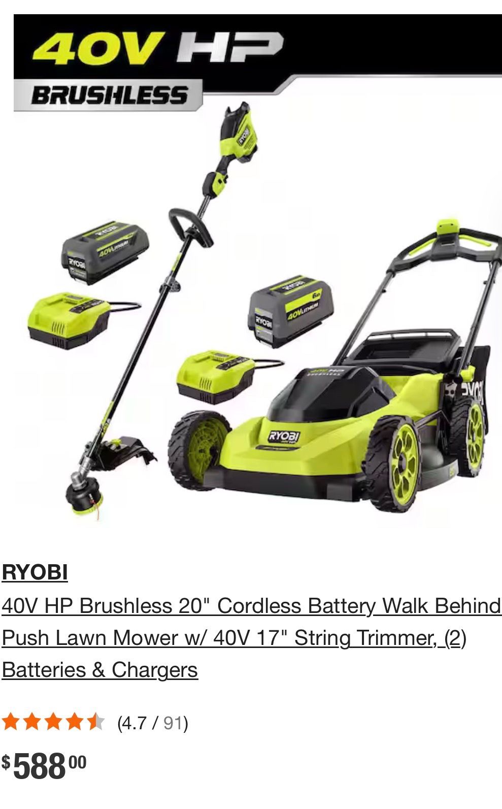 40V HP Brushless 20 in. Cordless Battery Walk Behind Push Lawn Mower with 6.0 Ah and trimmer one charger one battery