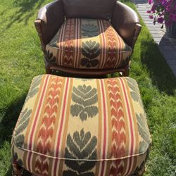 Wooden Framed  Leather Armchair With Wooden Bench 