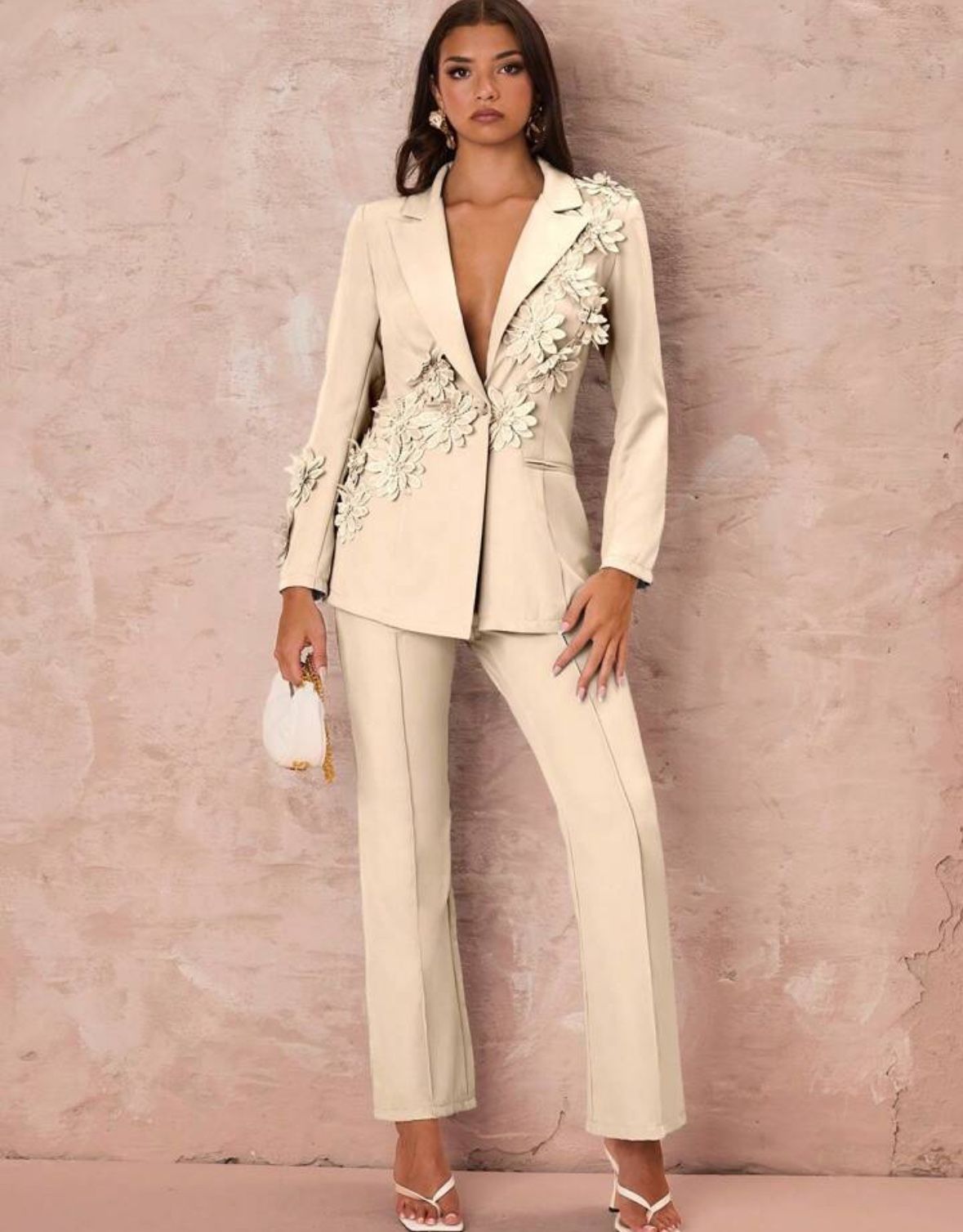 New Glamine Women 3D Floral Decor Solid Color Simple Long Sleeve Top And Pants Suit Set Khaki/4(S)