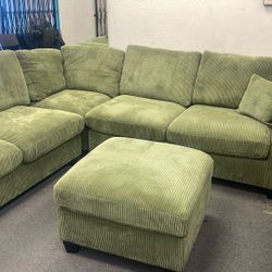 New 99x99 Sage Corduroy Sectional Couch With Ottoman / Free Delivery
