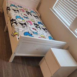 Twin bed, nightstand and drawer