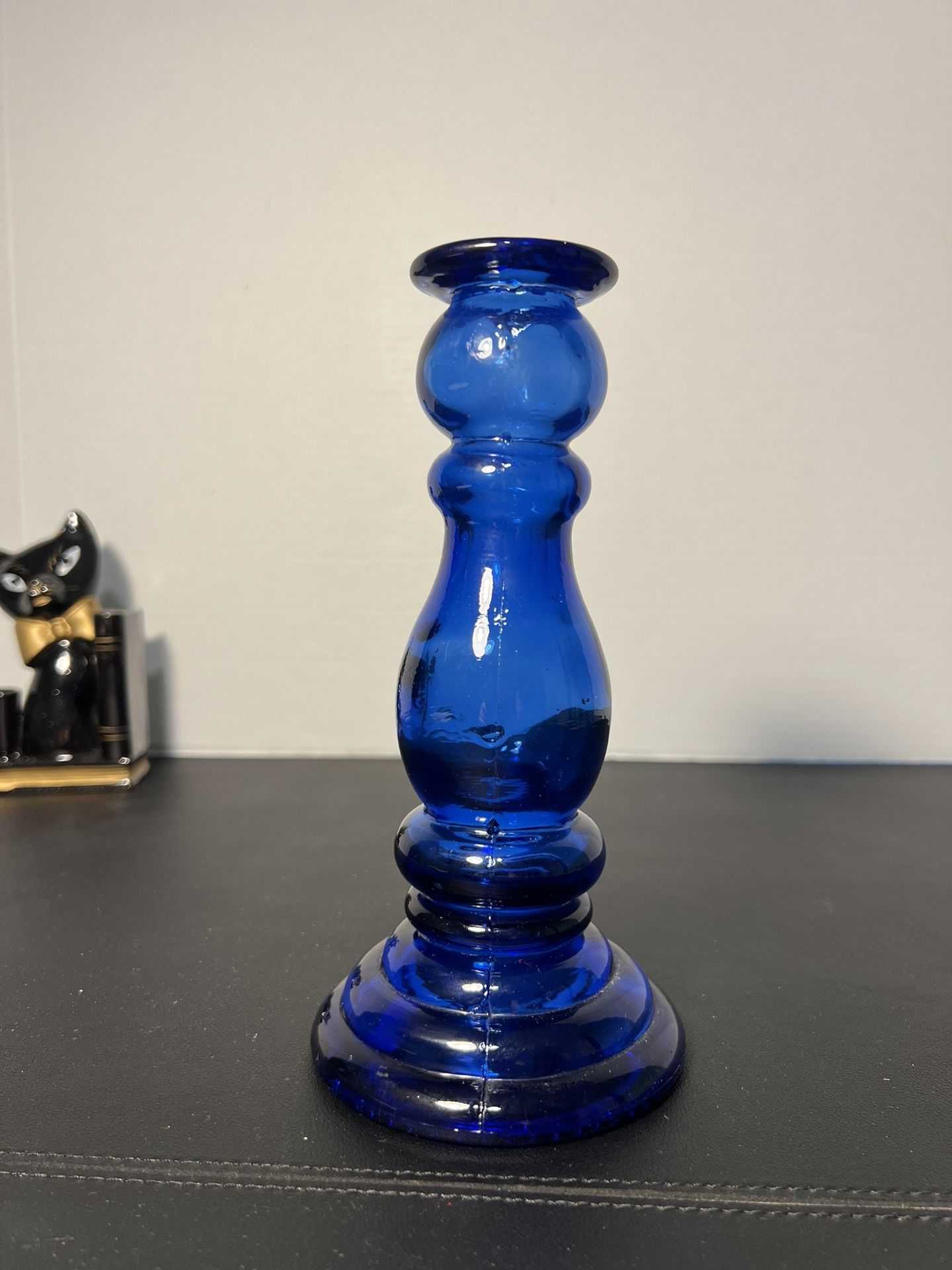 Vintage 1990s Recycled Glass Blue Cobalt Candlestick Candleholder Spain