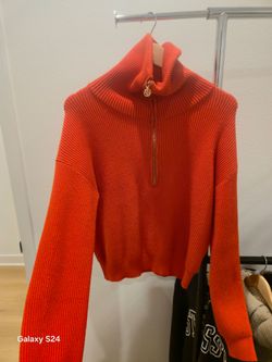 Orange Ribbed Knit Half-Zip Cropped Sweater