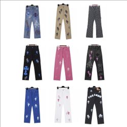 Chrome Hearts-style cross appliqué embroidered washed denim jeans (loose-fit unisex style)