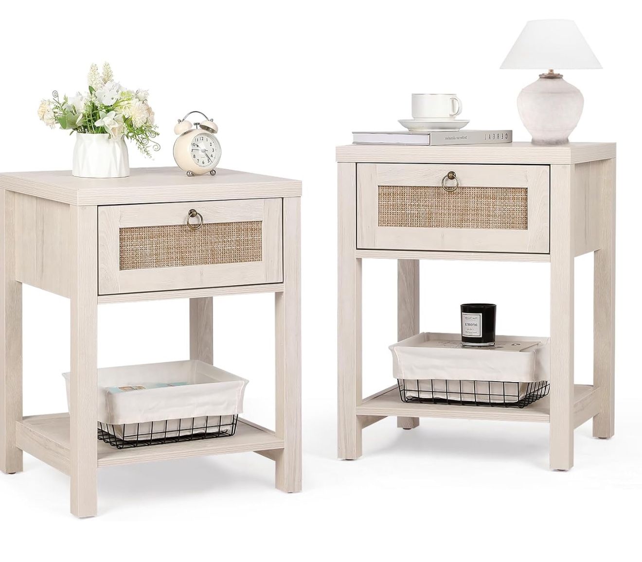 Rattan Nightstand Set (2pc) β Light Oak Wood, Handmade Woven Drawer, Easy Assembly